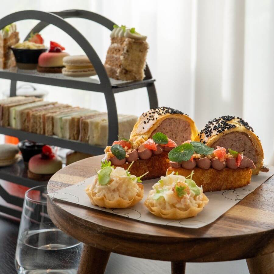 Blas Restaurant St Davids High Tea. Crab Tart, Chicken Parfait and Sausage Roll