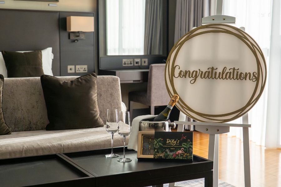 Twr y felin Hotel Celebration Package, Prosecco, Chocolates and celebration sign