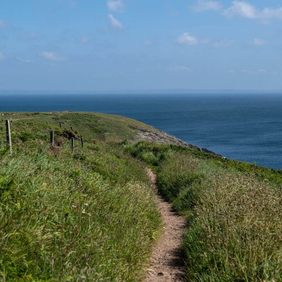 The Pembrokeshire Coast Path between Solva and Newgale, featuring dramatic sea cliffs, coastal views and the Atlantic Ocean.